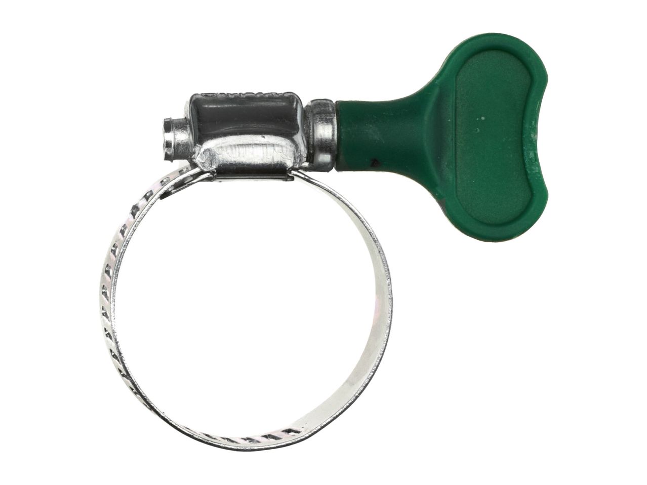 A green-handled hose clamp with a serrated band.