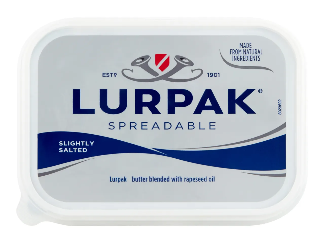 Slightly salted spreadable butter blended with rapeseed oil in a plastic tub.