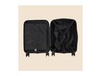 Open black suitcase with interior compartments and straps, featuring a repeating pattern.