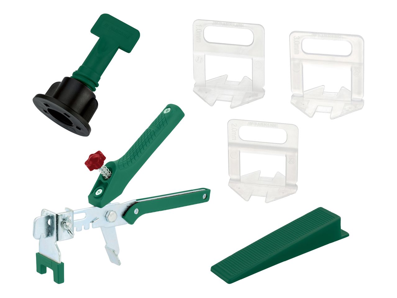 Parkside Fliesenverlegesystem mit Zange, Keilen und Nivellierhilfen in verschiedenen Größen.