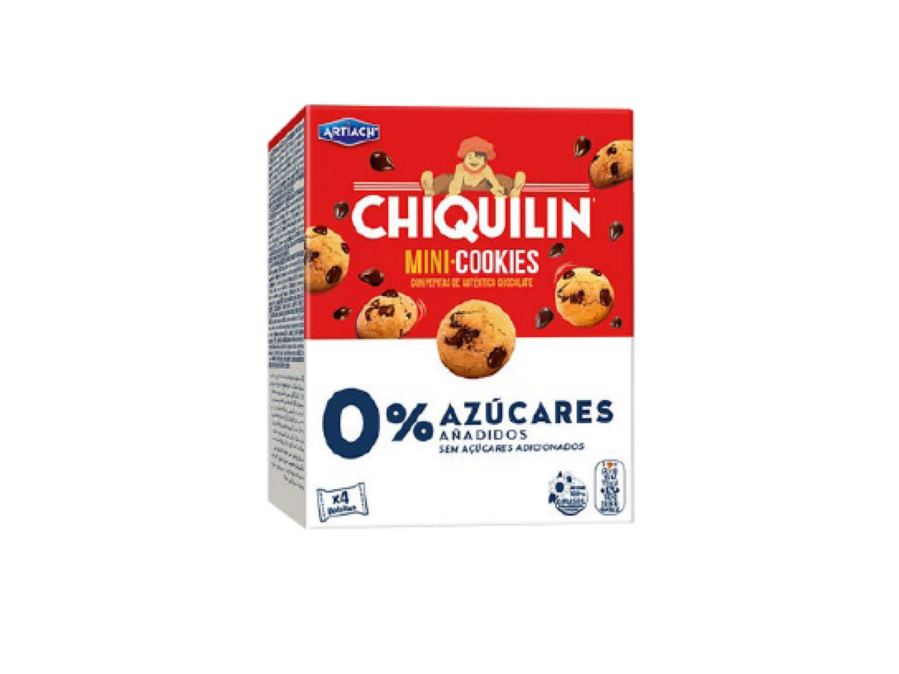 Caixa de mini-bolachas com pepitas de chocolate, 0% açúcares adicionados.