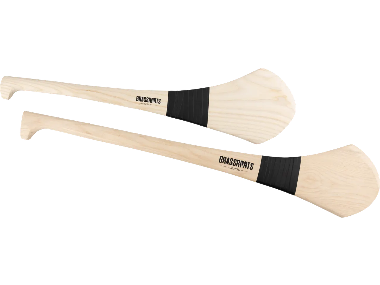 Two wooden hurleys with black grip tape and 'GRASSROOTS SPORTS' logo.