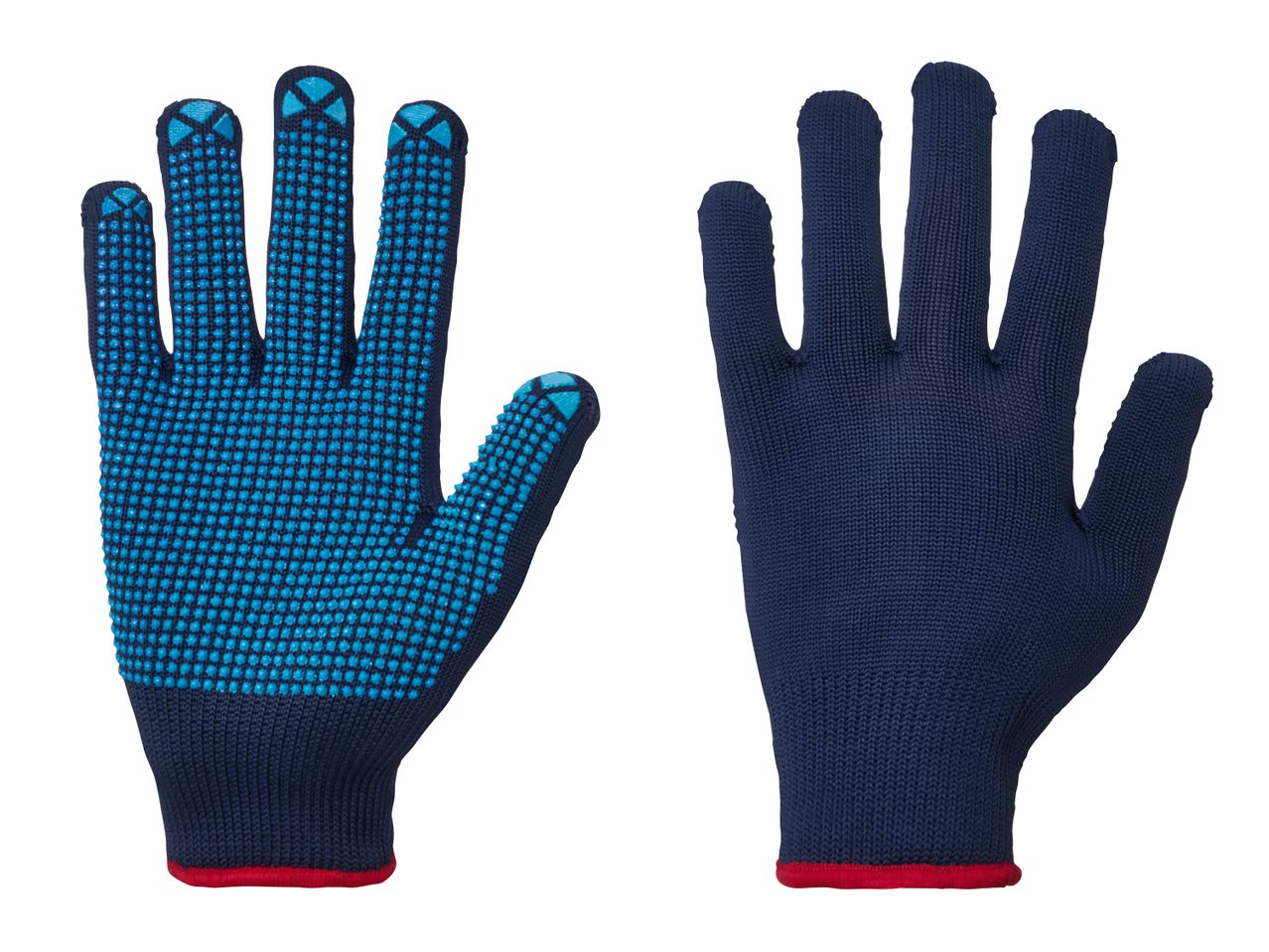 Pair of blue and teal work gloves with maroon cuffs.