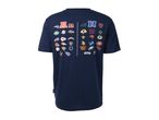 Navy blue t-shirt with NFL team logos on the back.