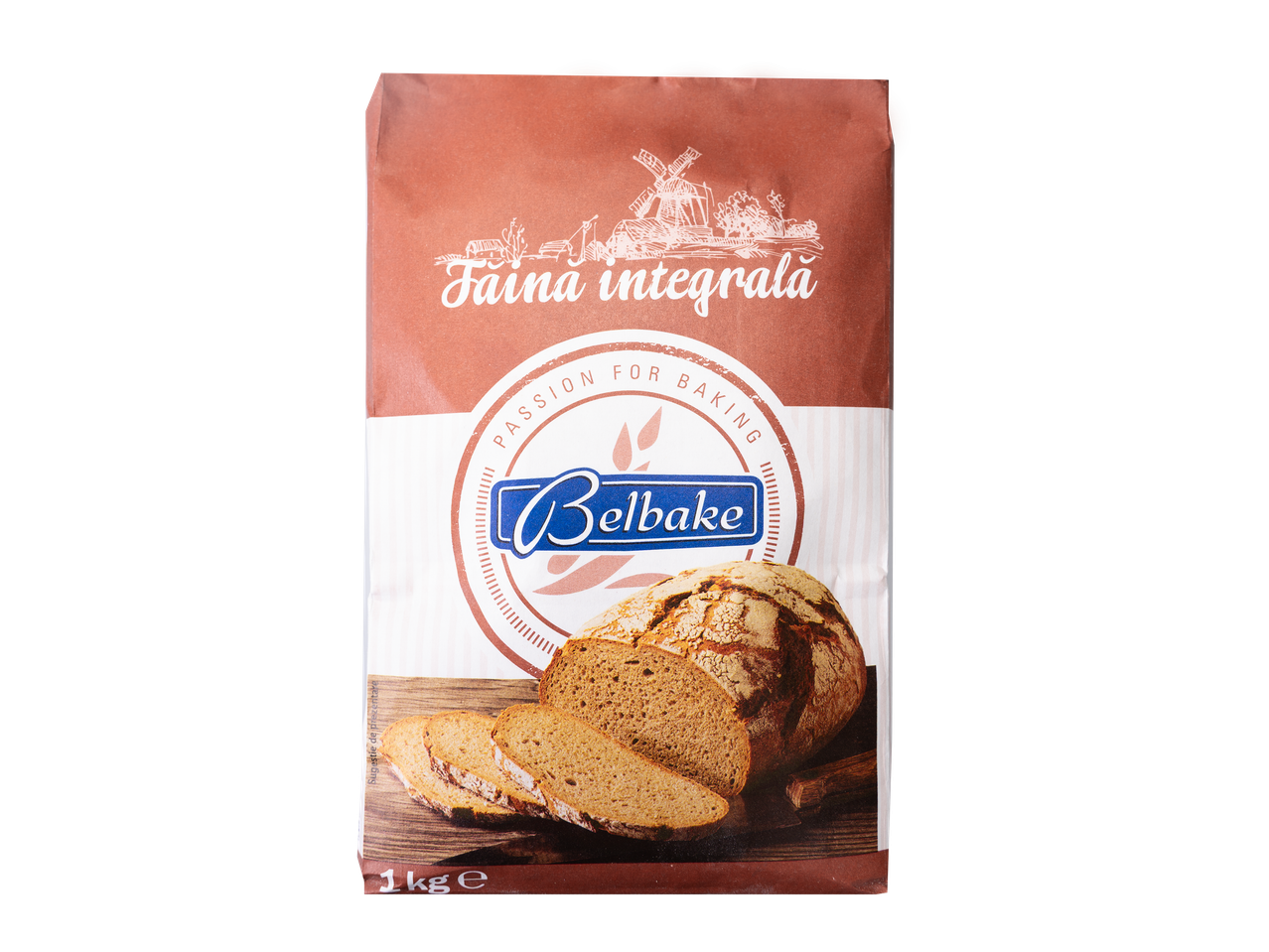 Pachet de făină integrală Belbake de 1 kg, cu ilustrație de moară de vânt și pâine feliată.