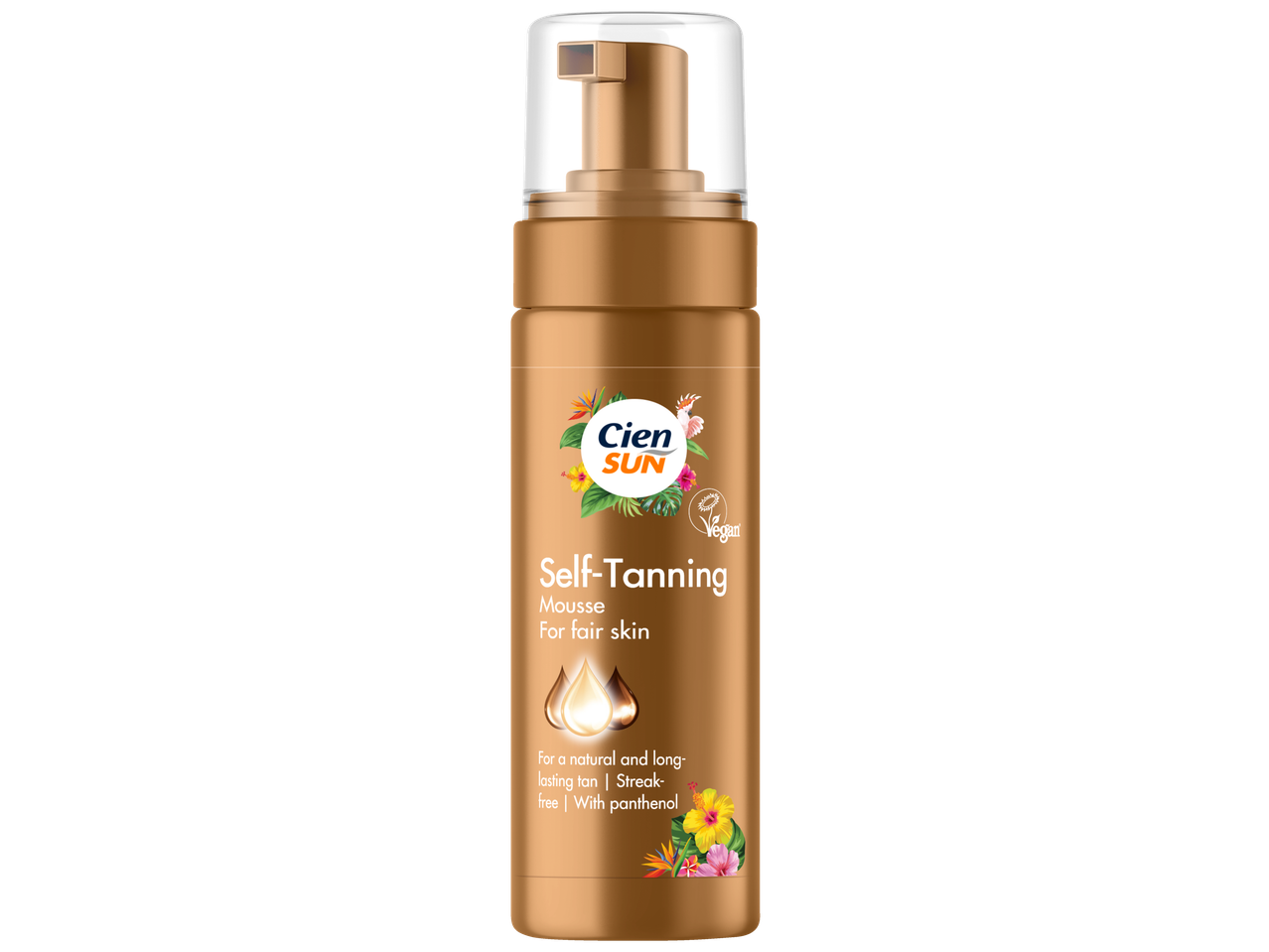 CIEN SUN Mousse autobronzant pentru piele deschisă, cu panthenol, pentru un bronz natural și de lungă durată.