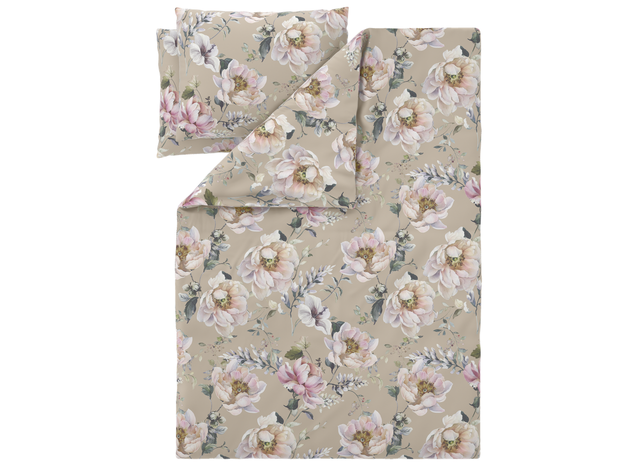 Segas pārvalka komplekts ar gaiši rozā un baltu peoniju ziedu rakstu uz smilškrāsas fona.