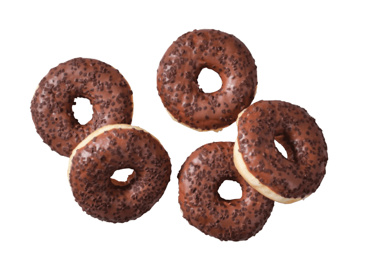 Viis šokolaadiglasuuriga ja šokolaadipuruga sõõrikut mustal taustal.