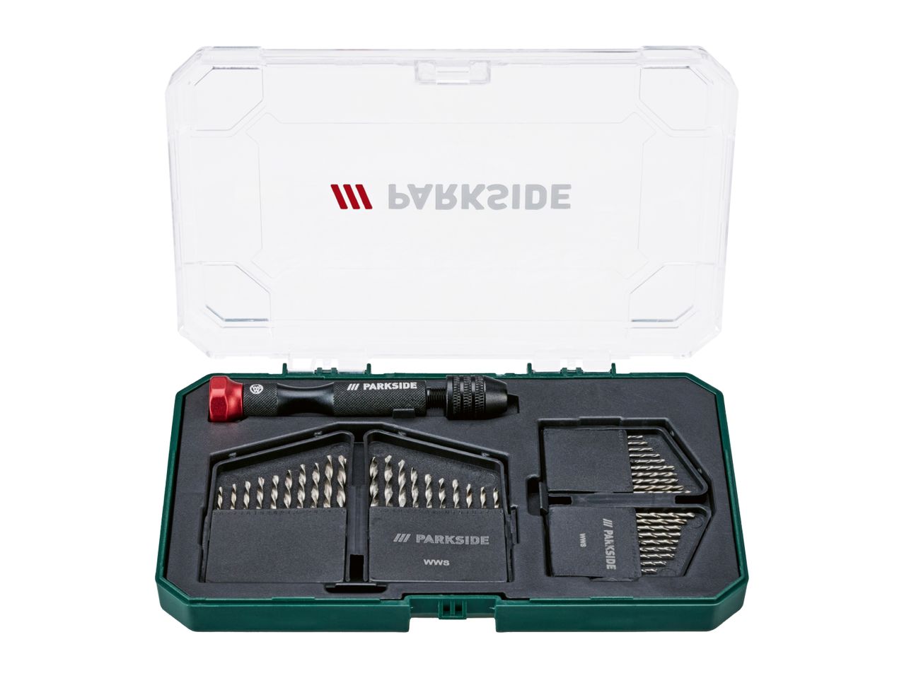 Open drill bit set with a precision screwdriver and various drill bits in a dark green case.