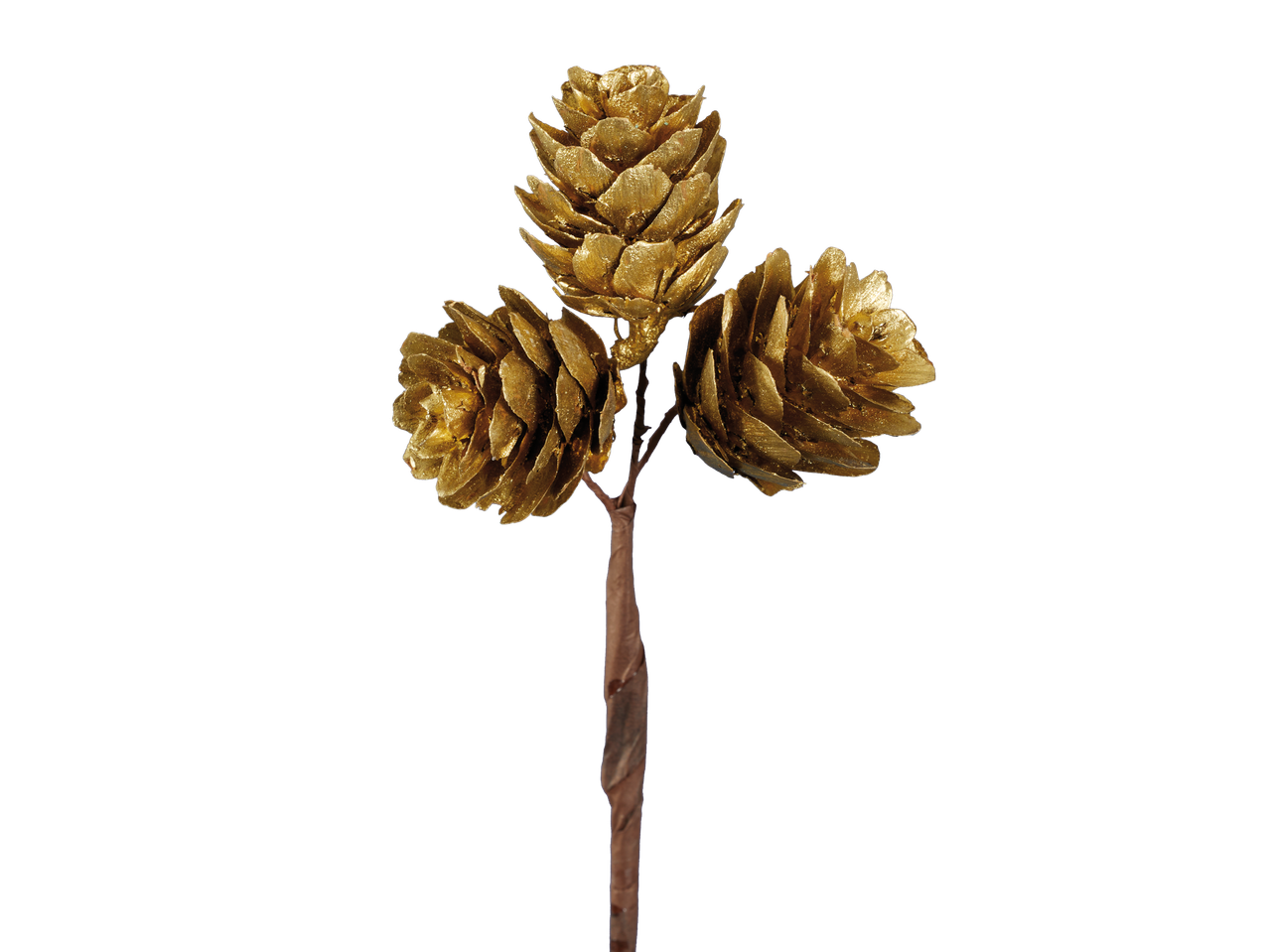 Three golden pine cones on a stem, part of a Christmas dried pick mix.