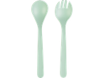 Mint green plastic serving spoon and salad fork.