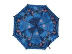 A blue Stitch-themed umbrella with tropical leaf and flower patterns.