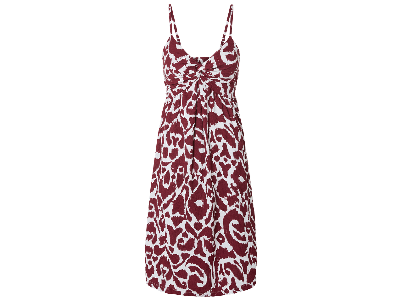 Robe d'été mi-longue à bretelles fines, motif abstrait rouge et blanc.