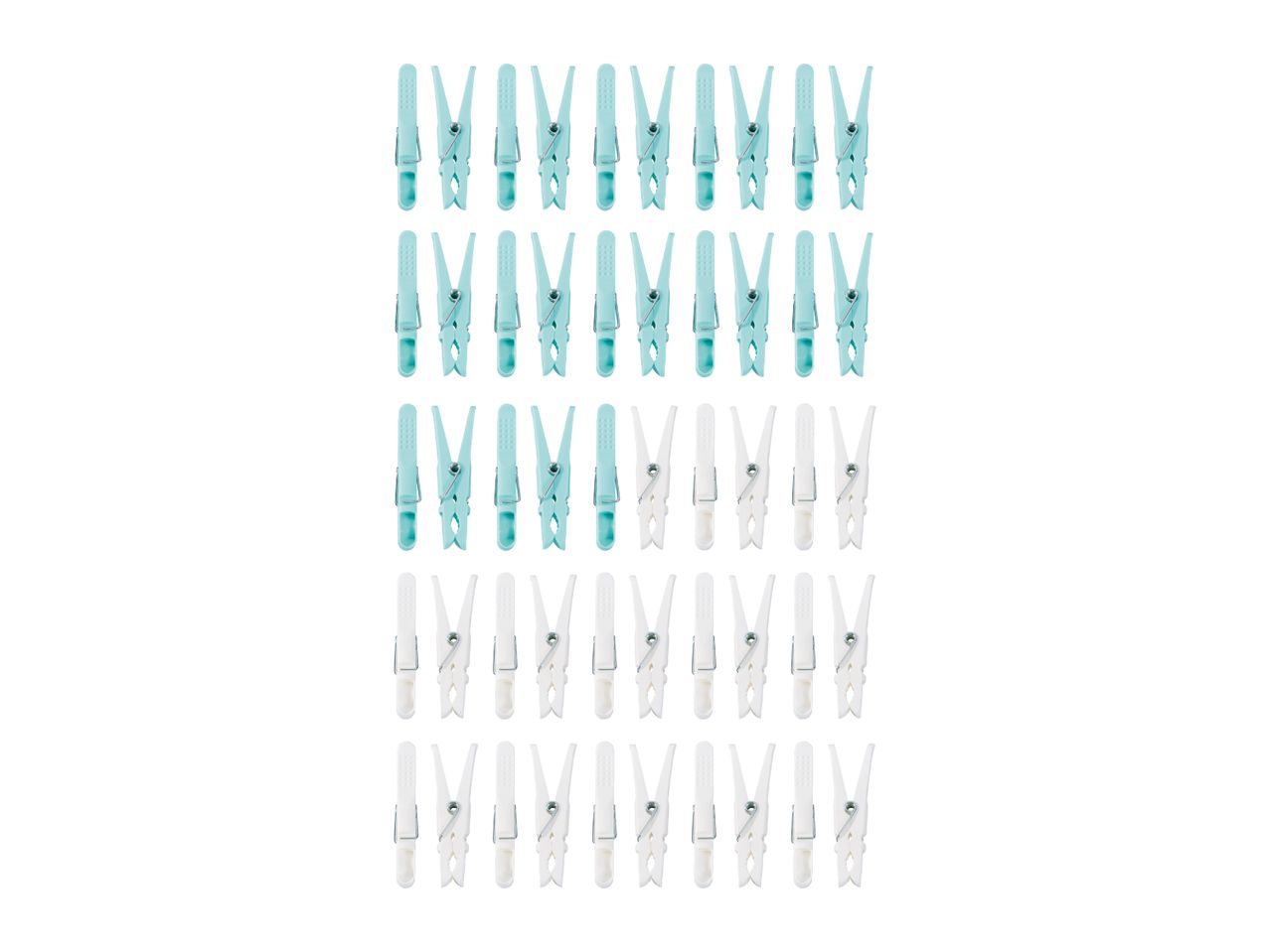 Rows of light blue and white clothes pegs on a white background.