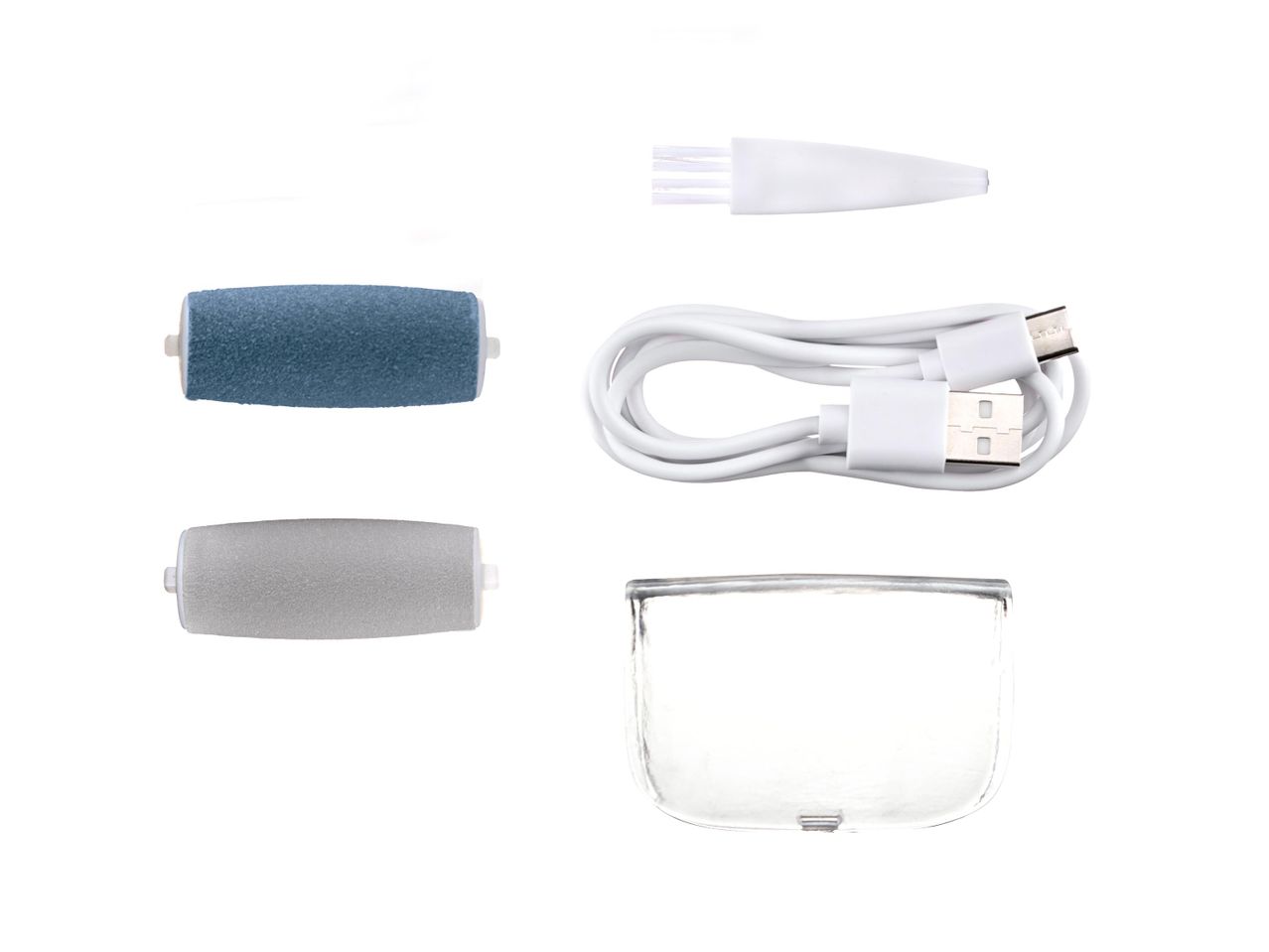 Egy elektromos lábápoló készlet tartozékai: két cserélhető henger, tisztítókefe, USB kábel és védőtok.