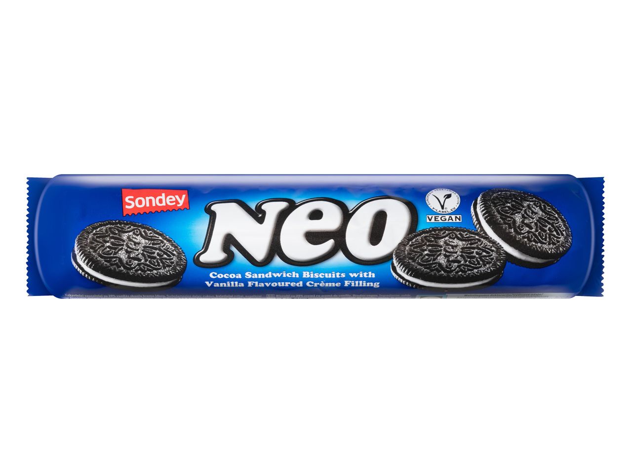 Sondey Neo vegán kakaós kekszek vaníliakrémmel.