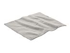 A light gray microfiber cleaning cloth is shown, folded and slightly rumpled.