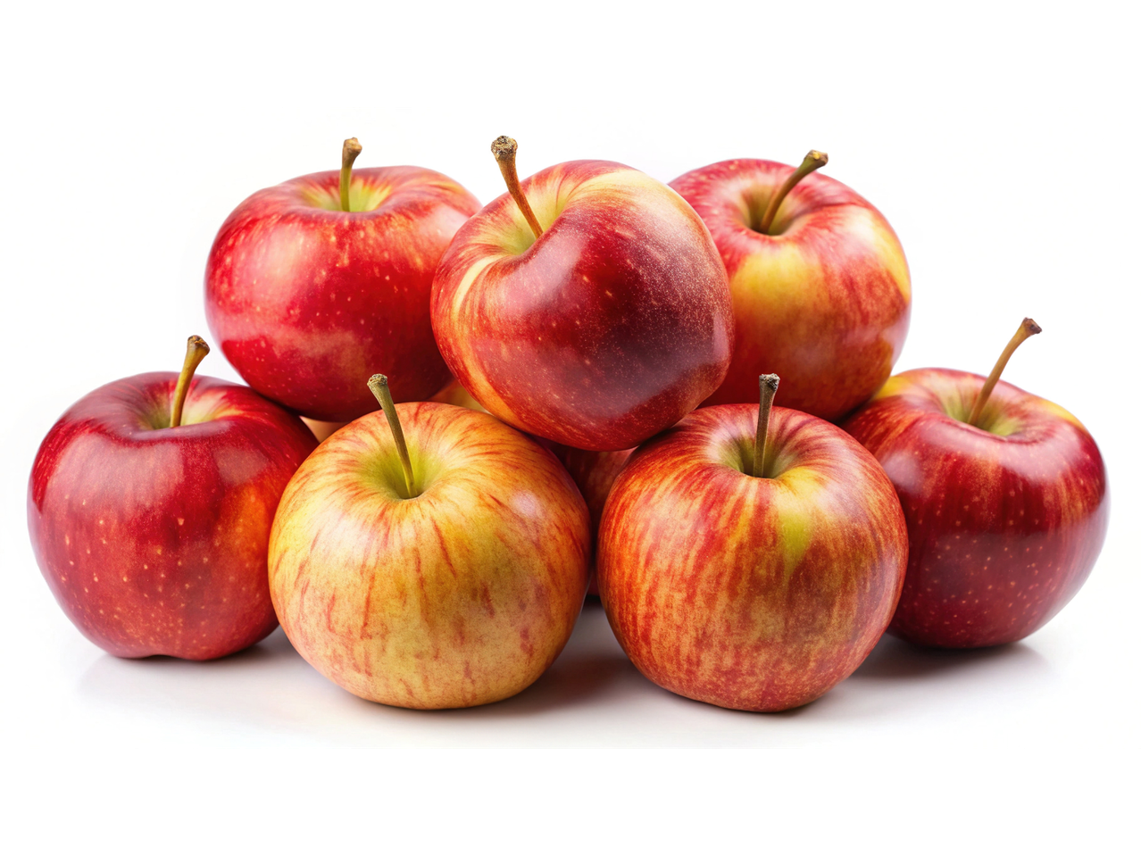Un tas de pommes Gala fraîches, rouges et jaunes sur fond blanc.