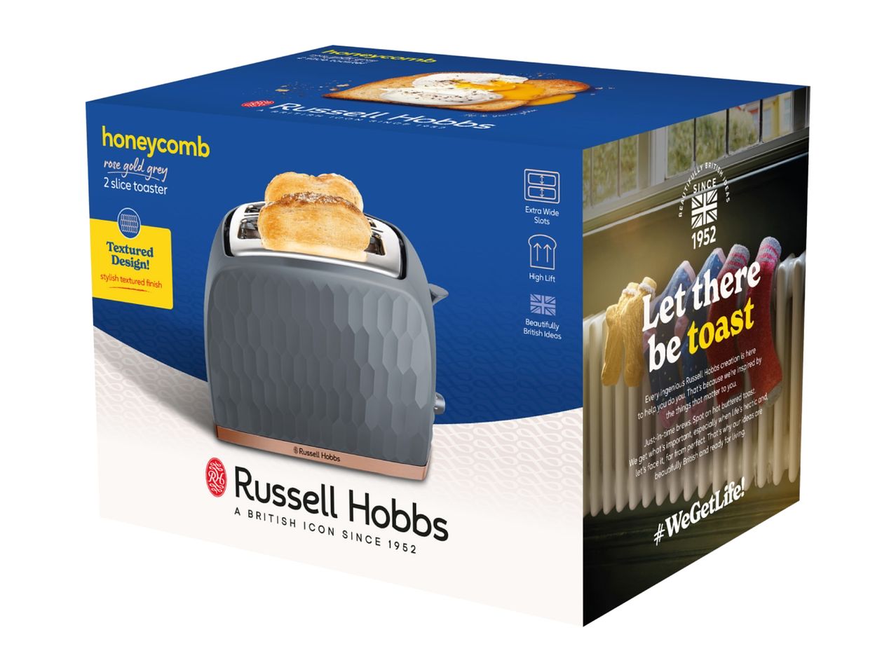 Honeycomb rose gold grey 2-slice toaster with textured design and features like extra-wide slots.