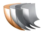 Cross-section of a multi-layered cooking pot, showing copper and various grey metal layers.