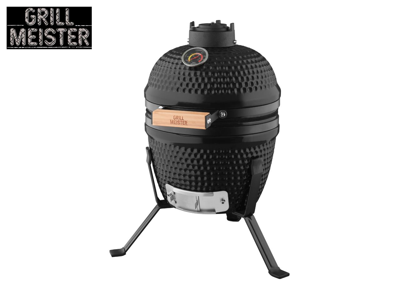 Black kamado grill with a thermometer and wooden handle, on a white background.