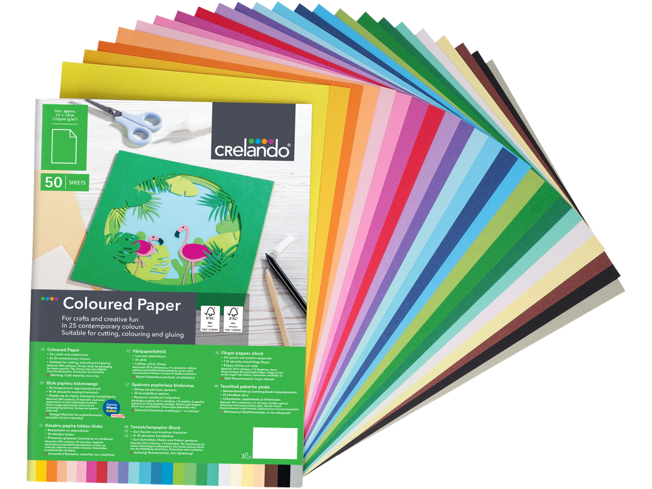 Crelando krāsains papīrs, 50 lapu, 25 mūsdienīgas krāsas.