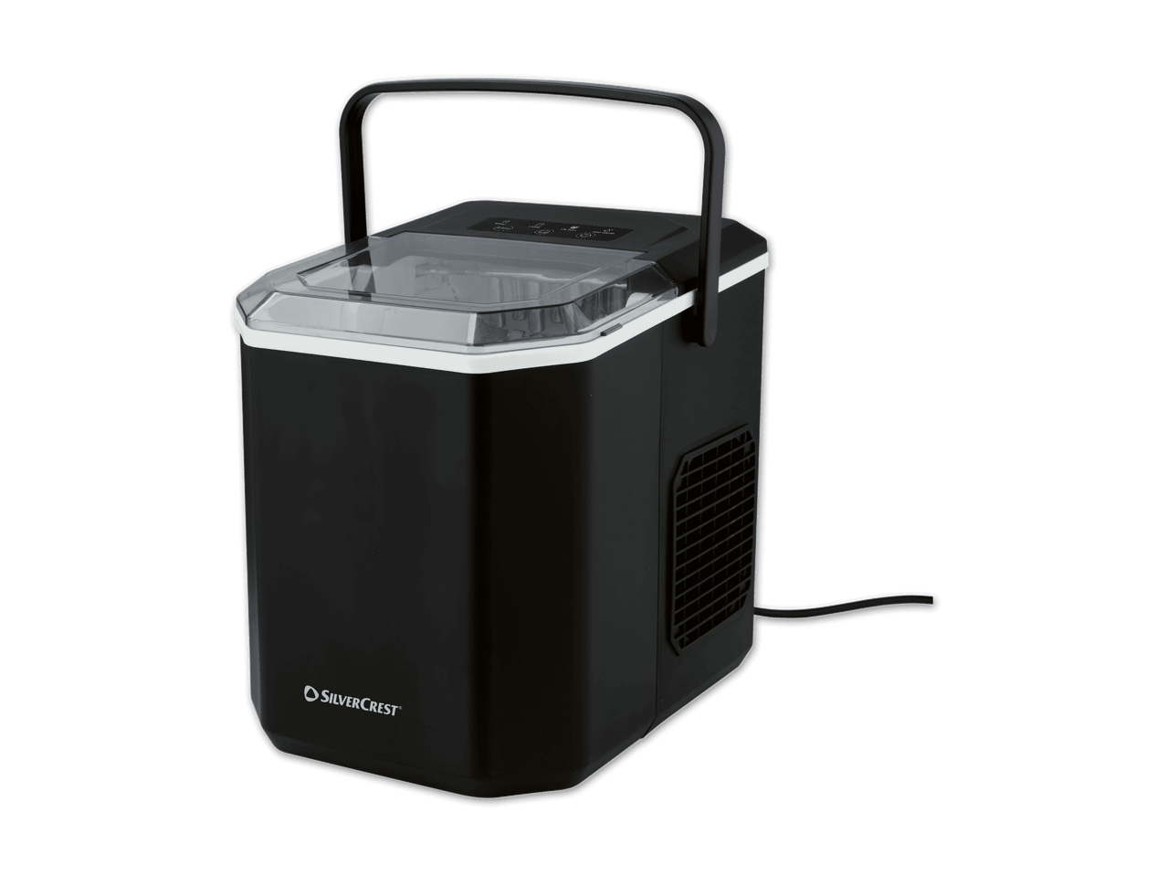 Schwarze Eismaschine mit transparentem Deckel und Tragegriff