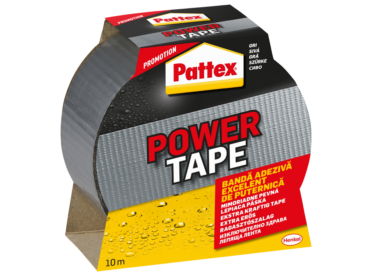 Ролка сиво тиксо с надпис „Power Tape“ и информация за продукта на различни езици.