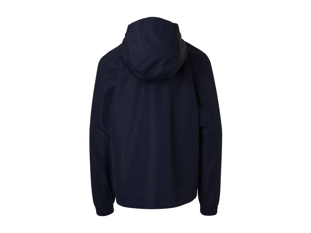 Navy blue hooded windbreaker jacket, back view
