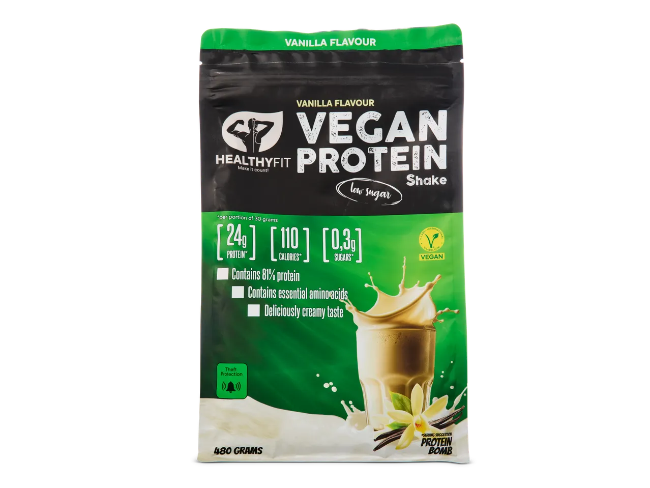 HealthyFit Vegan Proteïne Shake in vanillesmaak, 480 gram, met voedingsinformatie.