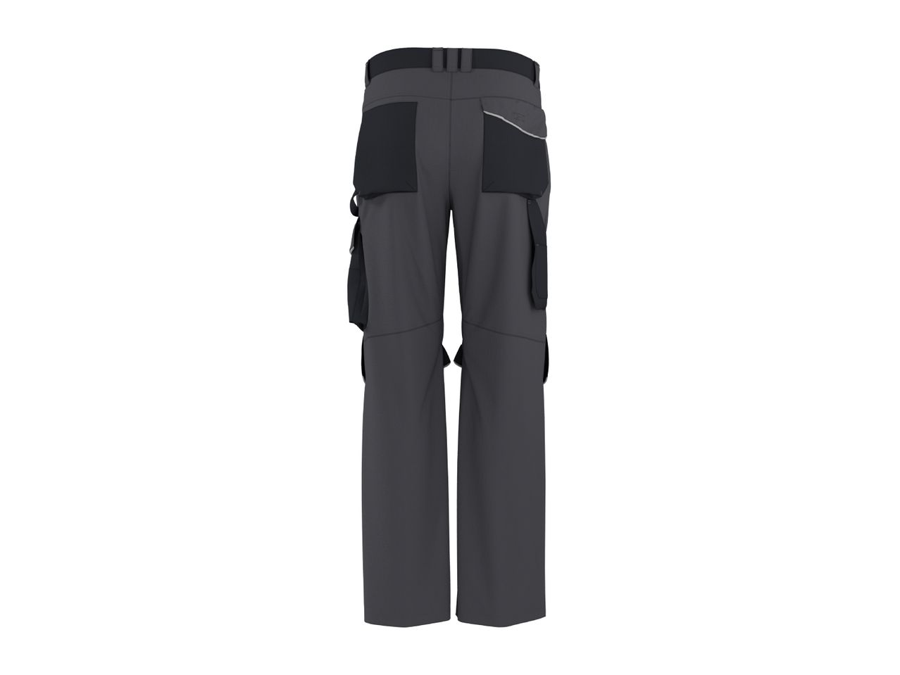 Dark grey work trousers with black pockets and reflective accents, back view