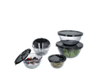 Conjunto de taças SILVERCREST® com tampas, cheias de salada, iogurte e azeitonas.