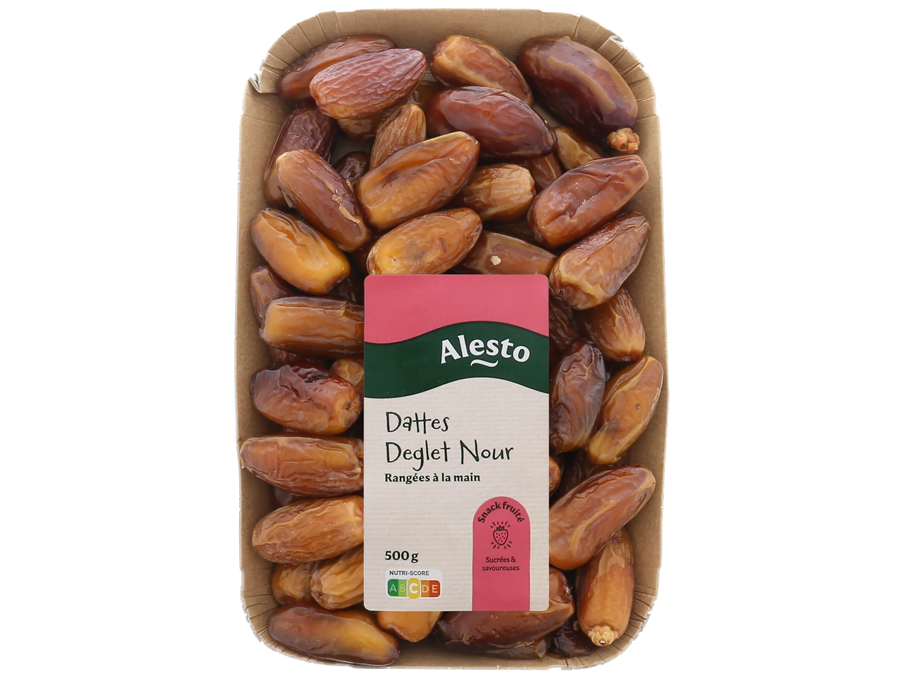 Dattes Deglet Nour dans un emballage en carton, avec l'étiquette indiquant 500g et Nutri-Score.