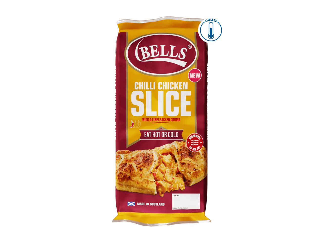 Chilli chicken slice with firecracker crumb, can be eaten hot or cold, made in Scotland.