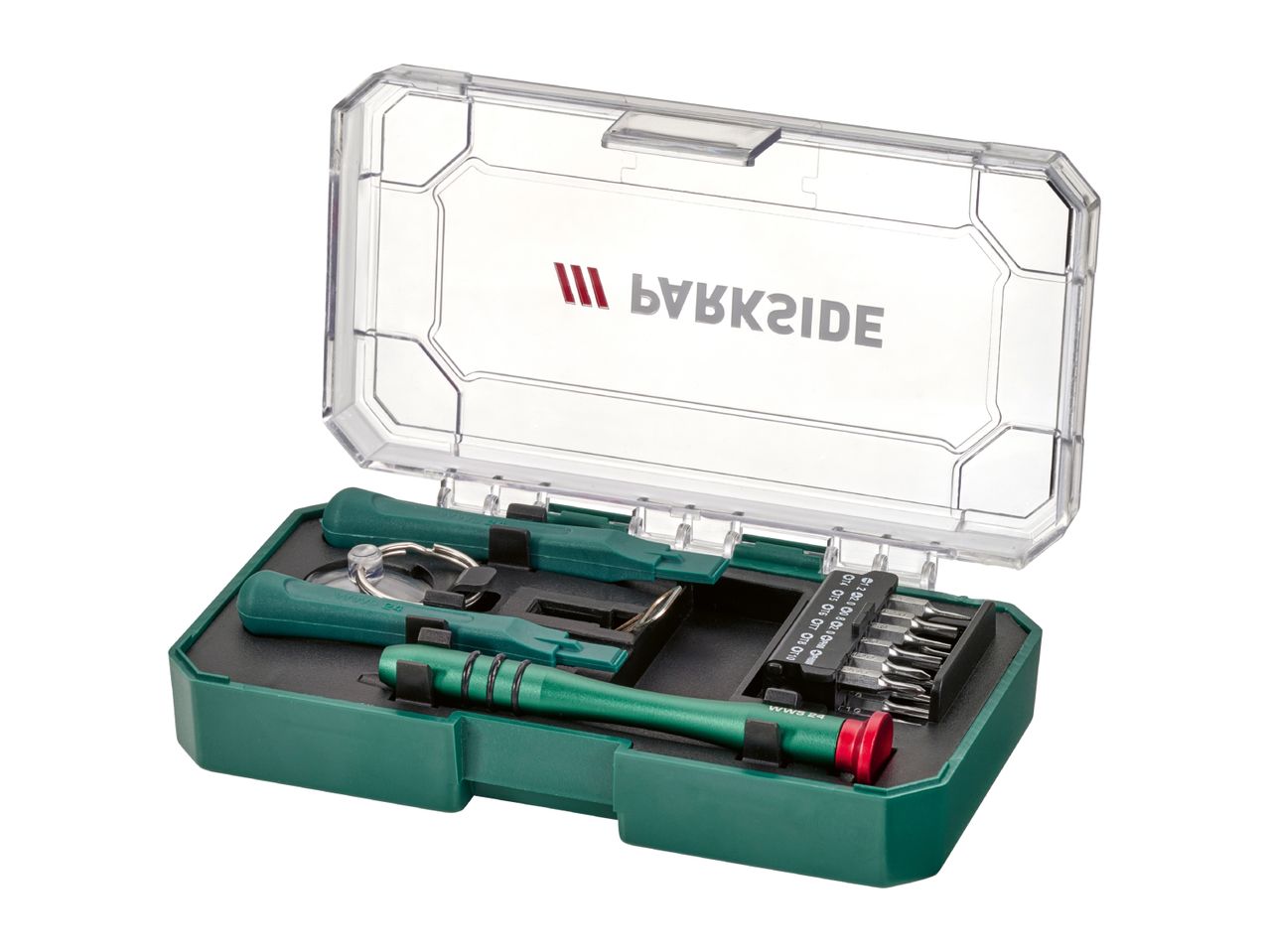 A Parkside precision screwdriver set with various bits and tools in a green and clear case.