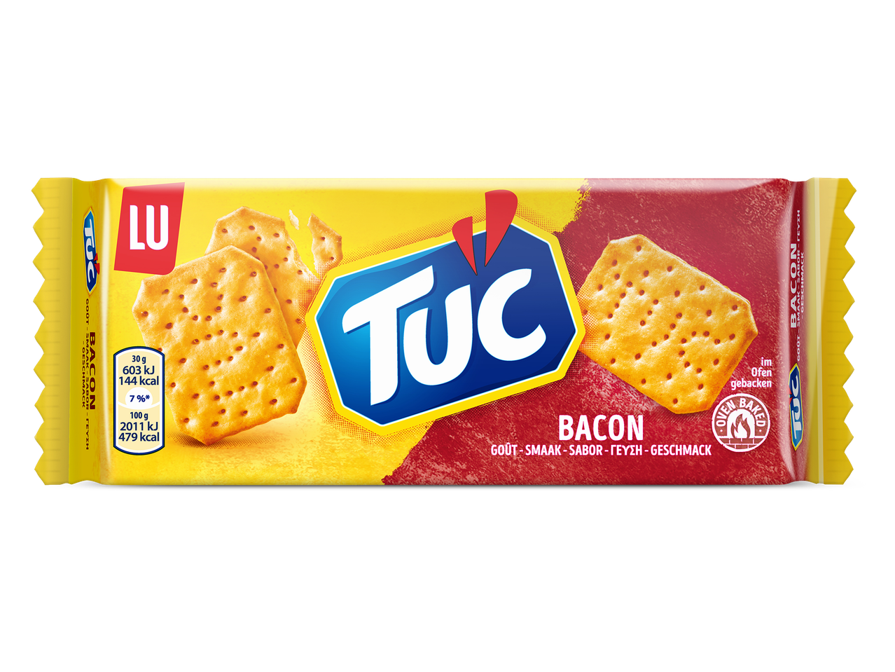 Verpakking van ovengebakken crackers met baconsmaak, met voedingswaarden.