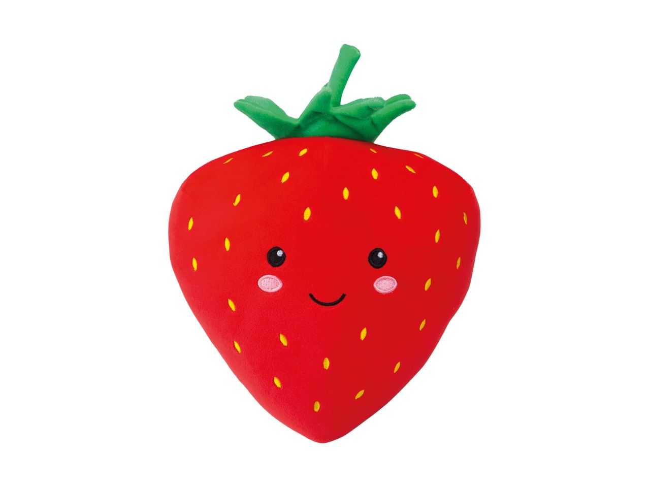 A red strawberry-shaped squishy toy with a smiling face and green stem.