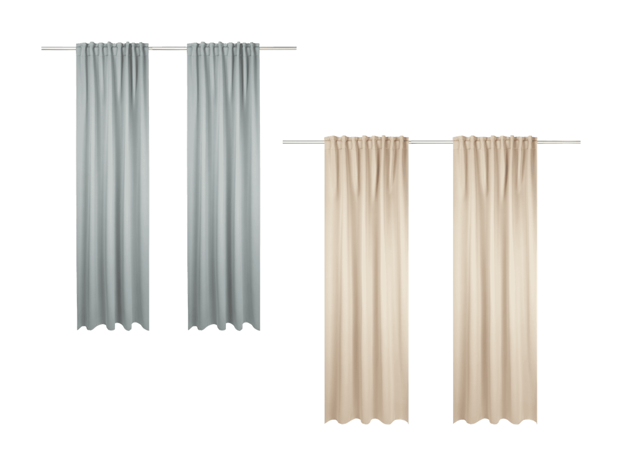 Deux paires de rideaux, une gris clair et une beige, suspendues à des tringles blanches.
