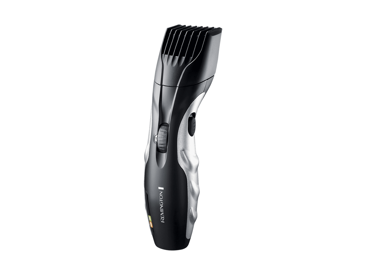 Une tondeuse à cheveux noire et argentée avec un sabot réglable et un indicateur de batterie.