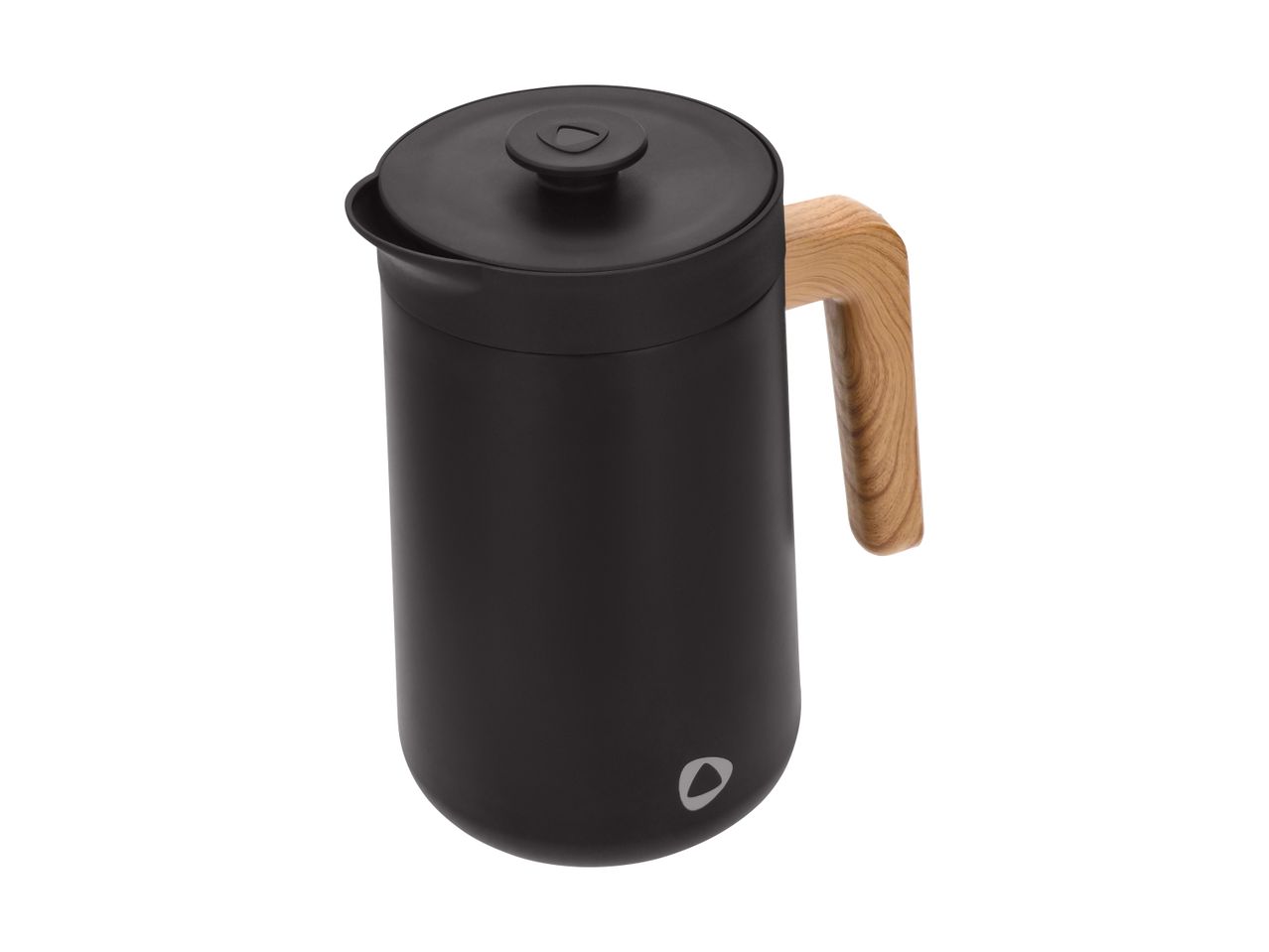 Sort kaffekande med trælåg og håndtag på hvid baggrund.