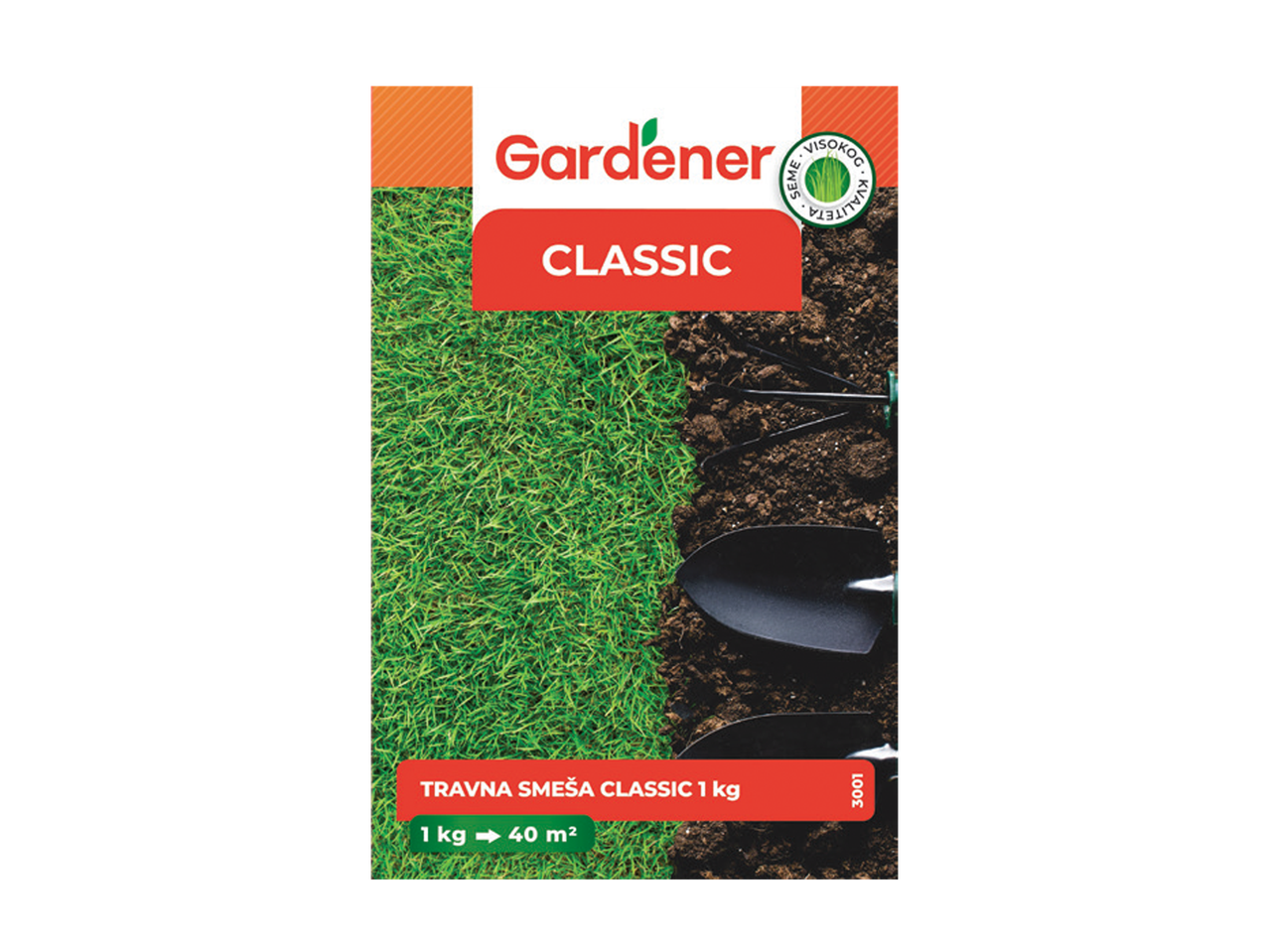 Pakovanje semena trave sa natpisom 'CLASSIC' i baštenskim alatom.