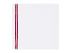 White kitchen towel with two vertical red stripes on the left side.