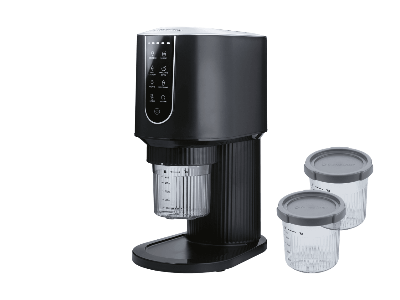 Schwarze Eismaschine mit transparenten Aufbewahrungsbehältern, die Optionen wie „ICE CREAM“, „SORBET“ und „MILKSHAKE“ anzeigt.