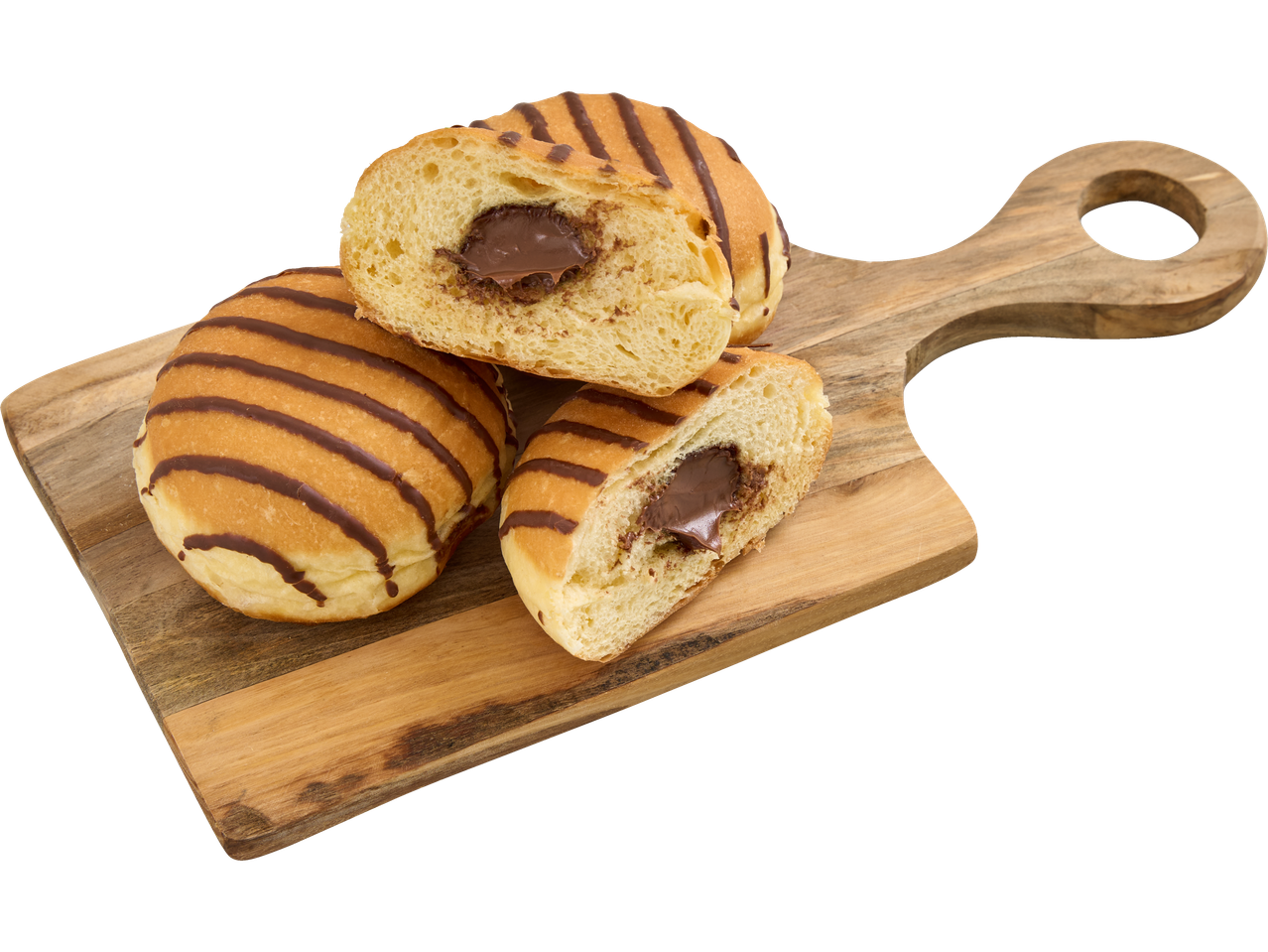 Šokolādes pildītas donatītes ar šokolādes svītrām uz koka dēļa.