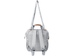 Gray backpack with a brown handle and adjustable straps on a black background.