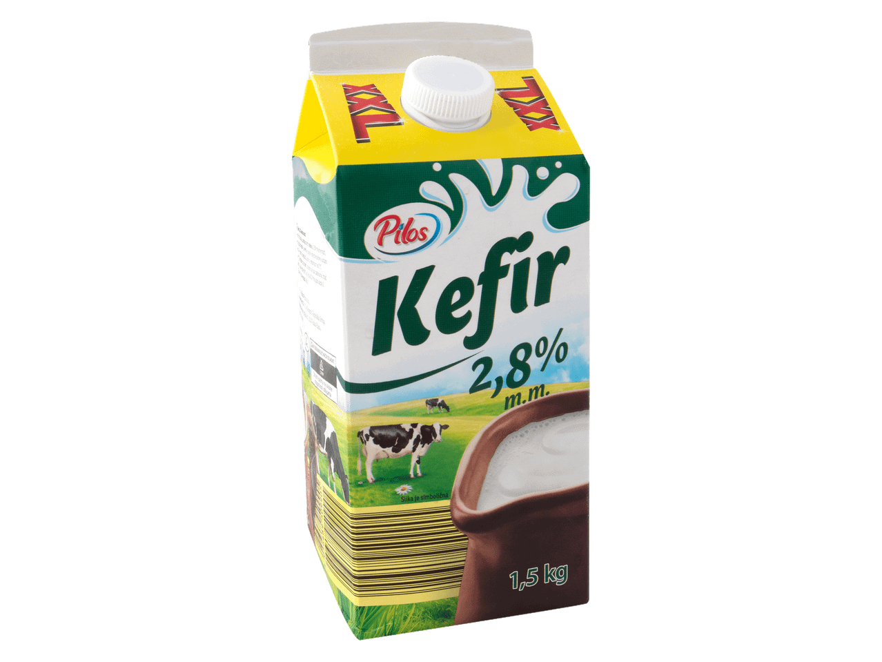 Kefir u kartonskoj ambalaži sa natpisom XXL, 2,8% m.m. i 1,5 kg.