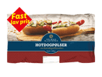 Hotdogpølser med tilbehør på en træplade, med teksten 'Fast lav pris'.