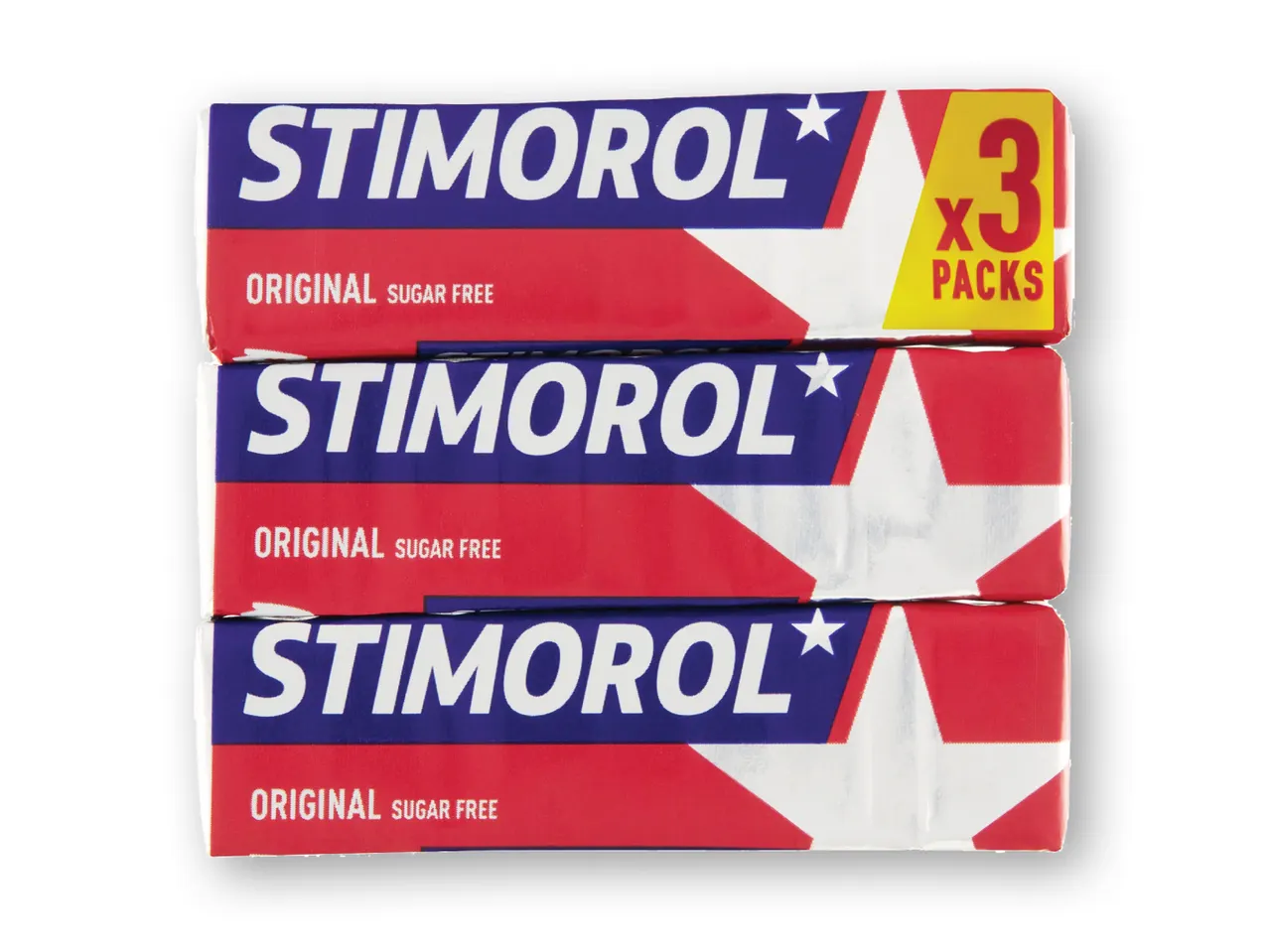 Tre pakker Stimorol tyggegummi.