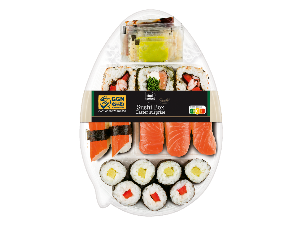 Chef Select Paas sushibox: zalm, maki en krabstokjes.