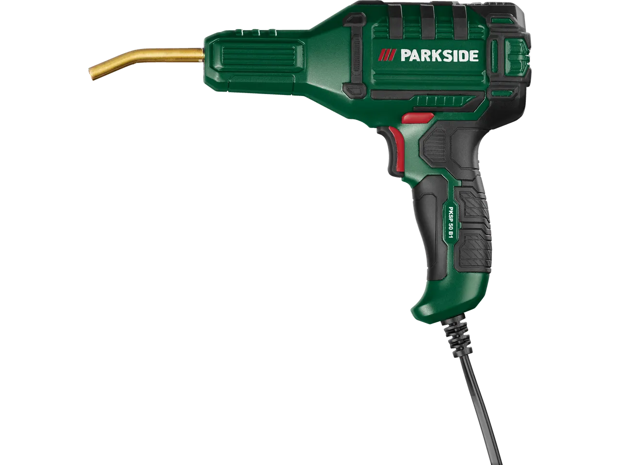 Parkside® Plastic Welding Gun, green and black with a brass nozzle.